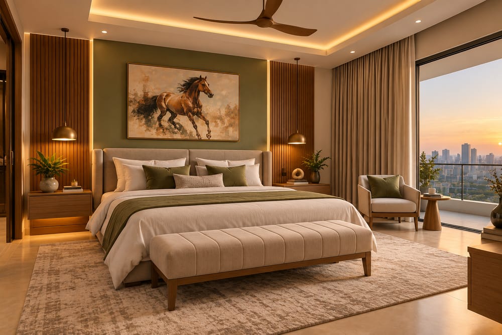 A calm bedroom designed by Tryakshaay Interiors with a neutral palette, layered lighting and built-in storage