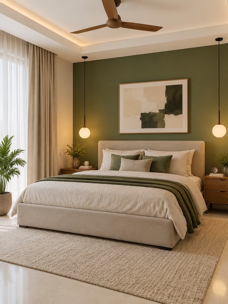 Bedroom with beige walls, bed and rug and a single olive green accent in the feature wall, cushions, throw and plant