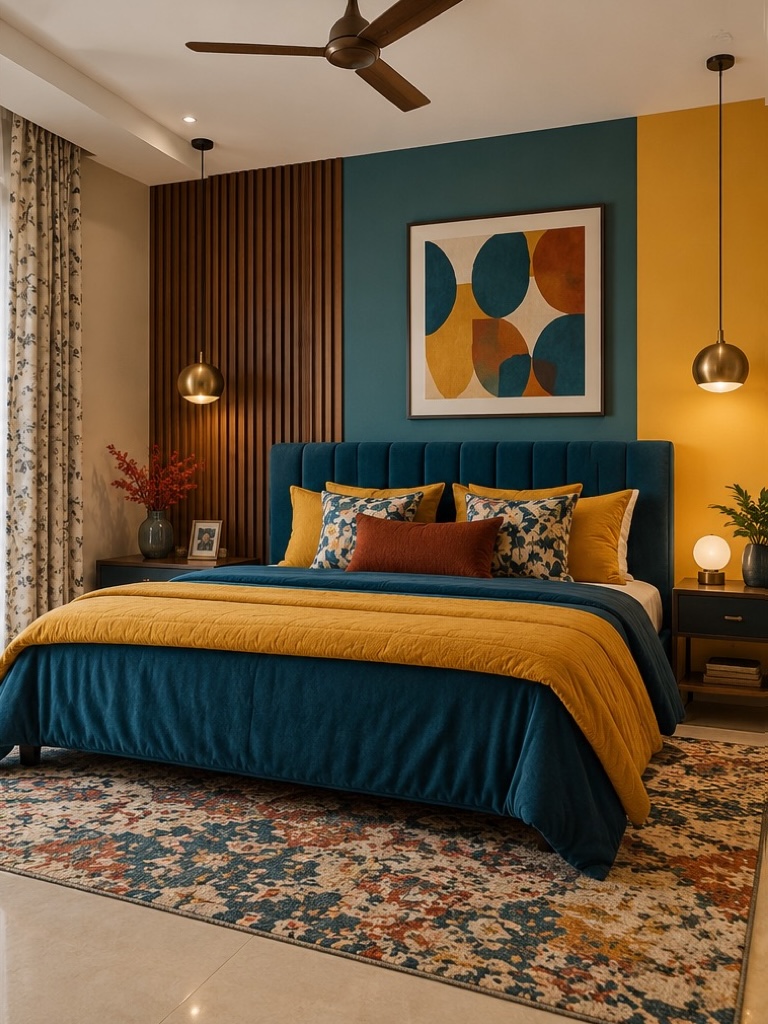 Bedroom with teal and mustard walls, wood slats, patterned curtains, rug and cushions competing for attention