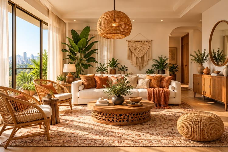 Bohemian living room with a white sofa, terracotta cushions, rattan chairs, woven pendant, macramé wall hanging and many plants