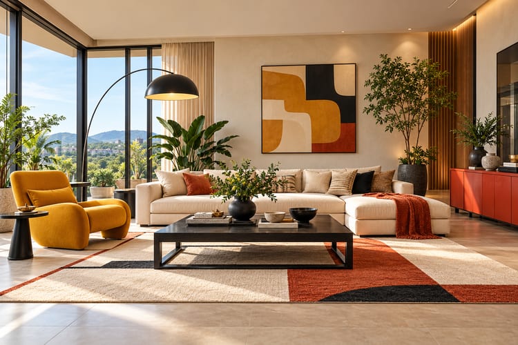 Contemporary living room with a cream sectional, mustard armchair, geometric rust and black rug and an orange sideboard
