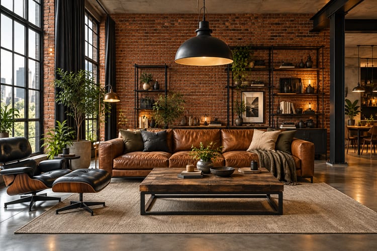 Industrial loft living room with an exposed brick wall, black steel shelves, cognac leather sofa and a large black pendant light