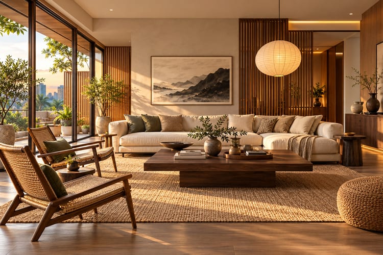 Japandi living room with a low cream sofa, dark wood coffee table, woven chairs, paper pendant lamp and landscape print
