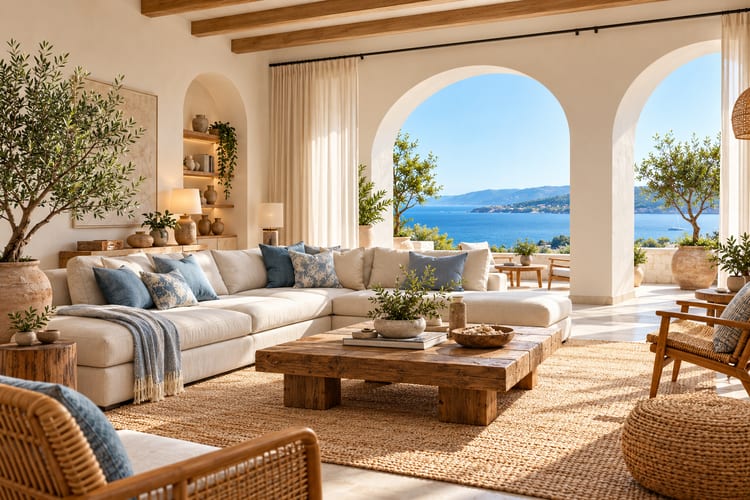 Coastal living room with a white sectional and blue cushions, rustic timber table and arched openings looking onto the sea