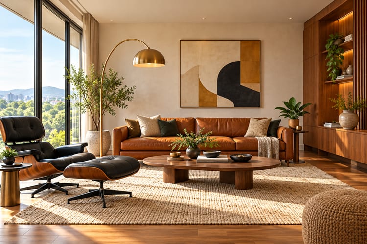 Mid-century modern living room with a tan leather sofa, black leather lounge chair and ottoman, brass arc lamp and geometric art
