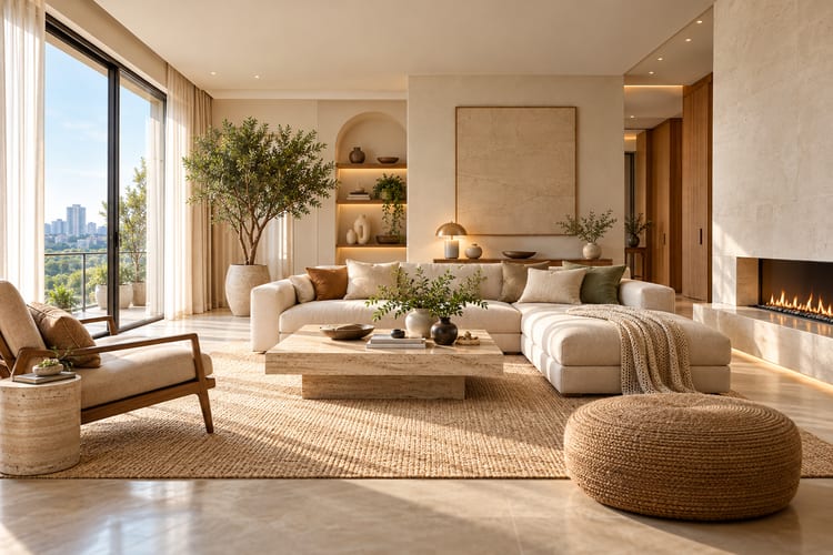 Warm minimalist living room with an ivory sectional, travertine coffee table, rope pouf, arched niche and linear fireplace
