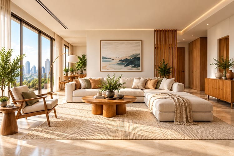 Bright Scandinavian living room with a cream sectional, round wooden coffee table, jute rug, slatted wood screen and floor-to-ceiling windows