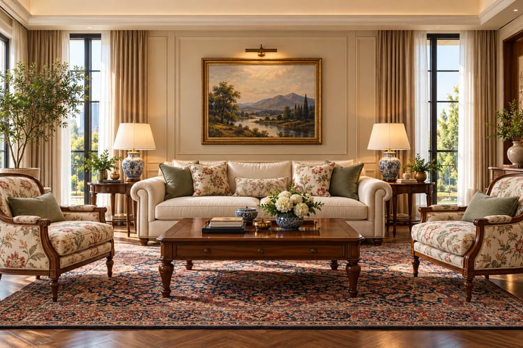 Classic living room with a cream sofa, floral armchairs, blue and white lamps, carved wood coffee table and a framed landscape painting