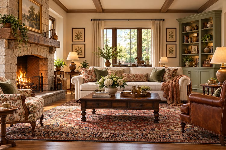 Country living room with a stone fireplace, floral armchair, cream sofa, green display cabinet and patterned rug