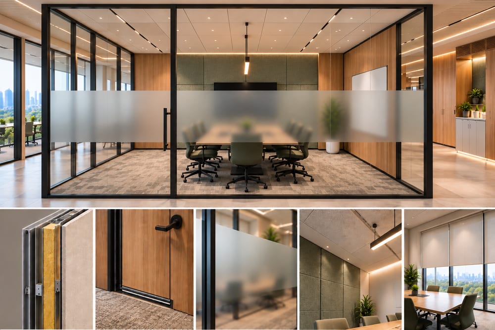 Glass-fronted meeting room with a frosted band at eye level, with detail views of an insulated partition, sealed door, frosted glass, acoustic wall panels and roller blinds