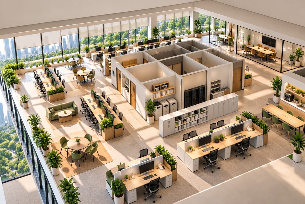 Aerial view of an open-plan office with desks along floor-to-ceiling windows with roller blinds, glass meeting rooms, breakout seating and a solid service core in the centre