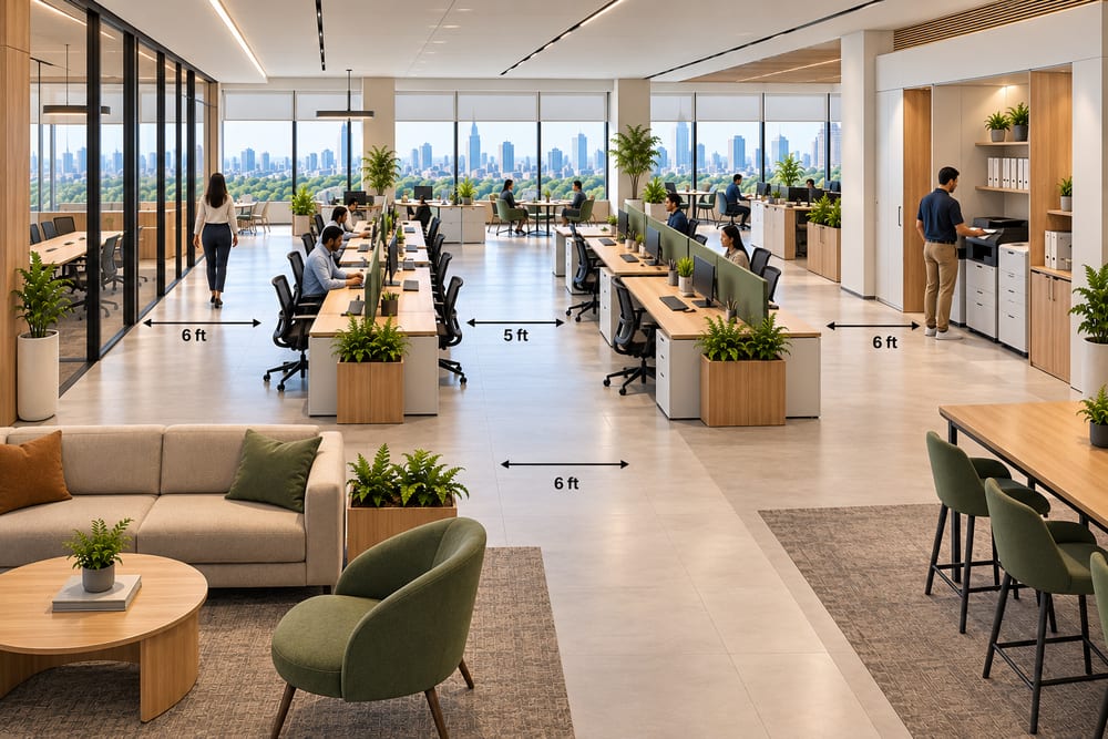 Open-plan office with 5 to 6 foot clear walkways marked between workstation rows, a glass meeting room, a printer alcove and lounge seating