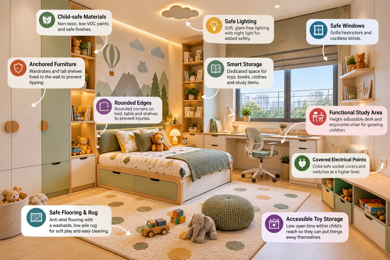 Kids bedroom with its safety and storage features labelled: child-safe low-VOC paints, anchored wardrobes and tall shelves, rounded edges on the bed, table and shelves, soft glare-free lighting with a night light, window grills and cordless blinds, storage for toys, books, clothes and study items, a height-adjustable desk with an ergonomic chair, covered sockets with switches set higher, anti-skid flooring with a washable low-pile rug, and low open toy bins within a child's reach