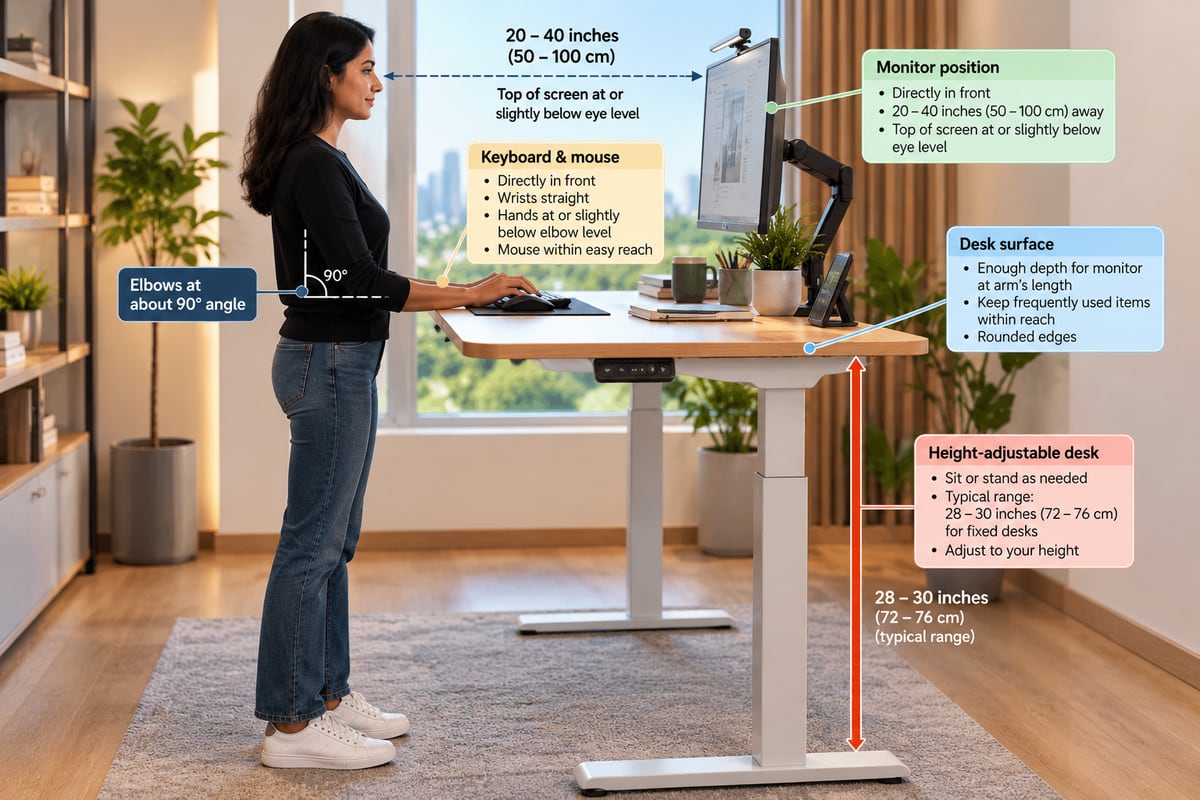 Person standing at a height-adjustable desk, with callouts: monitor directly in front, 20 to 40 inches (50 to 100 cm) away with the top of the screen at or slightly below eye level; keyboard and mouse directly in front with wrists straight and hands at or slightly below elbow level; elbows at about 90 degrees; rounded desk edge with enough depth; typical desk height 28 to 30 inches (72 to 76 cm)