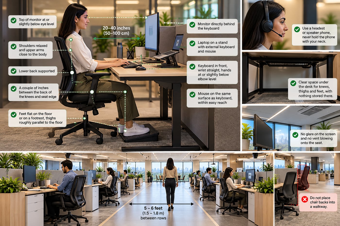 Infographic of a modern office workstation setup: monitor top at or slightly below eye level, 20 to 40 inches away and directly behind the keyboard; shoulders relaxed; lower back supported; a couple of inches between knees and seat edge; feet flat or on a footrest; laptop on a stand with external keyboard and mouse; clear space under the desk; headset for calls; no glare or vent on the seat; 5 to 6 feet between rows; chair backs kept out of the walkway