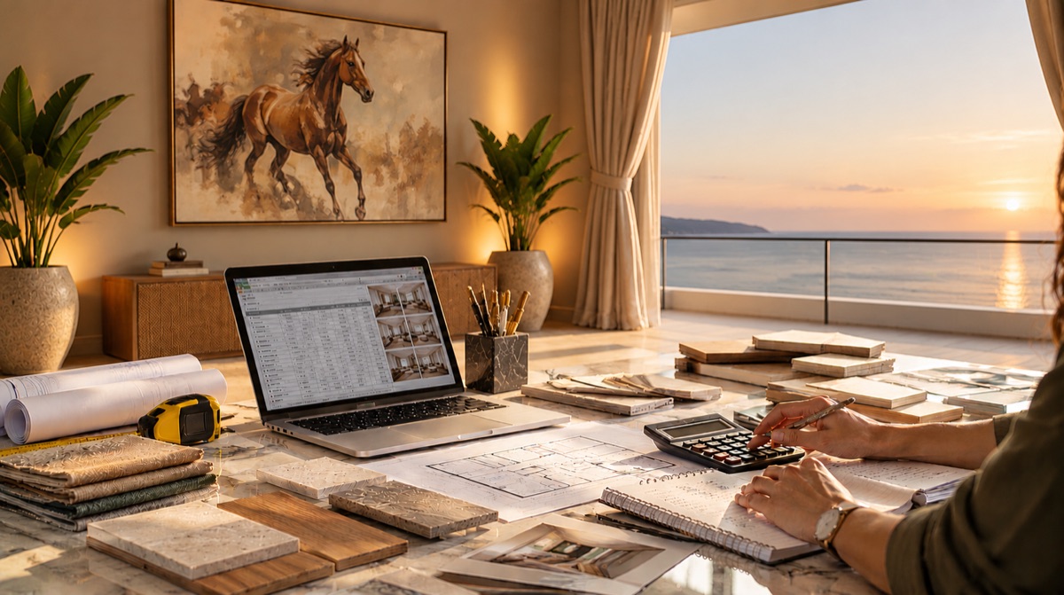 Interior designer calculating a 3 BHK interior design budget with floor plans, material samples and a laptop